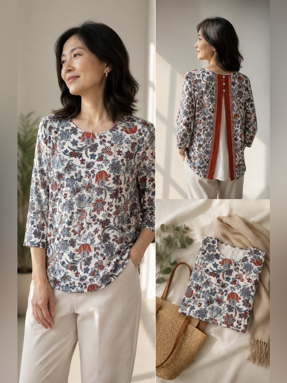 NWT J. Jill Wearever Paisley Split Button Back Blouse Top White Rust Orange - S